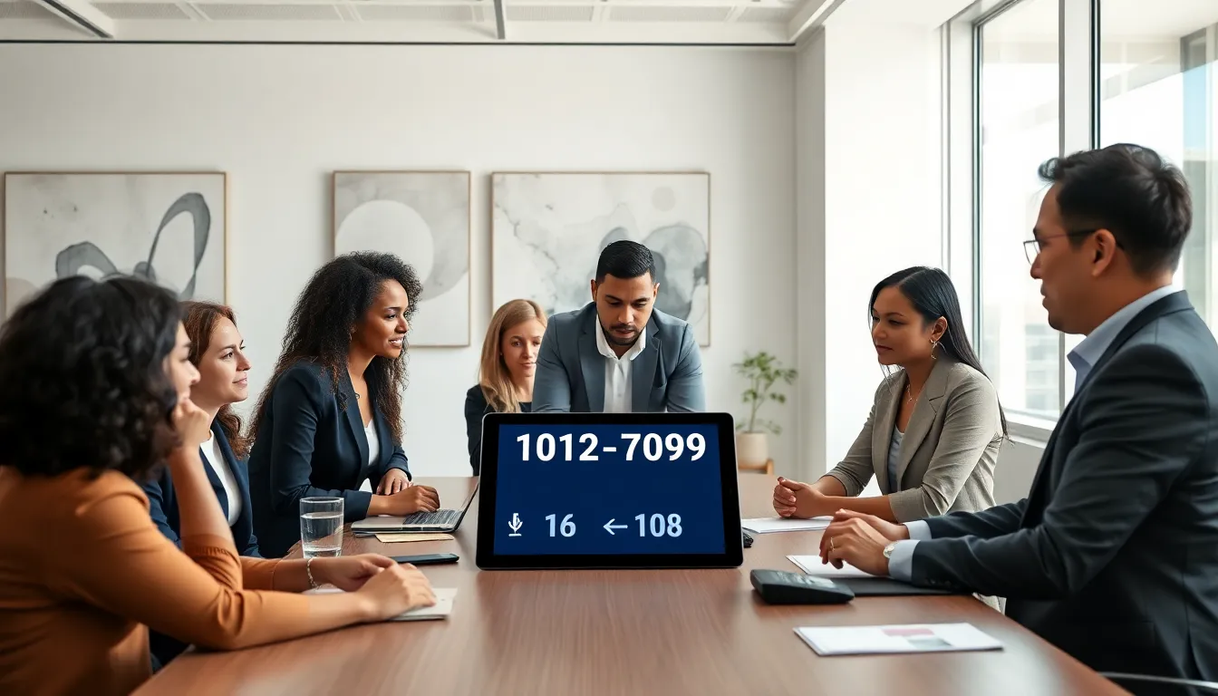 diverse professionals discussing toll-free services in a modern office.