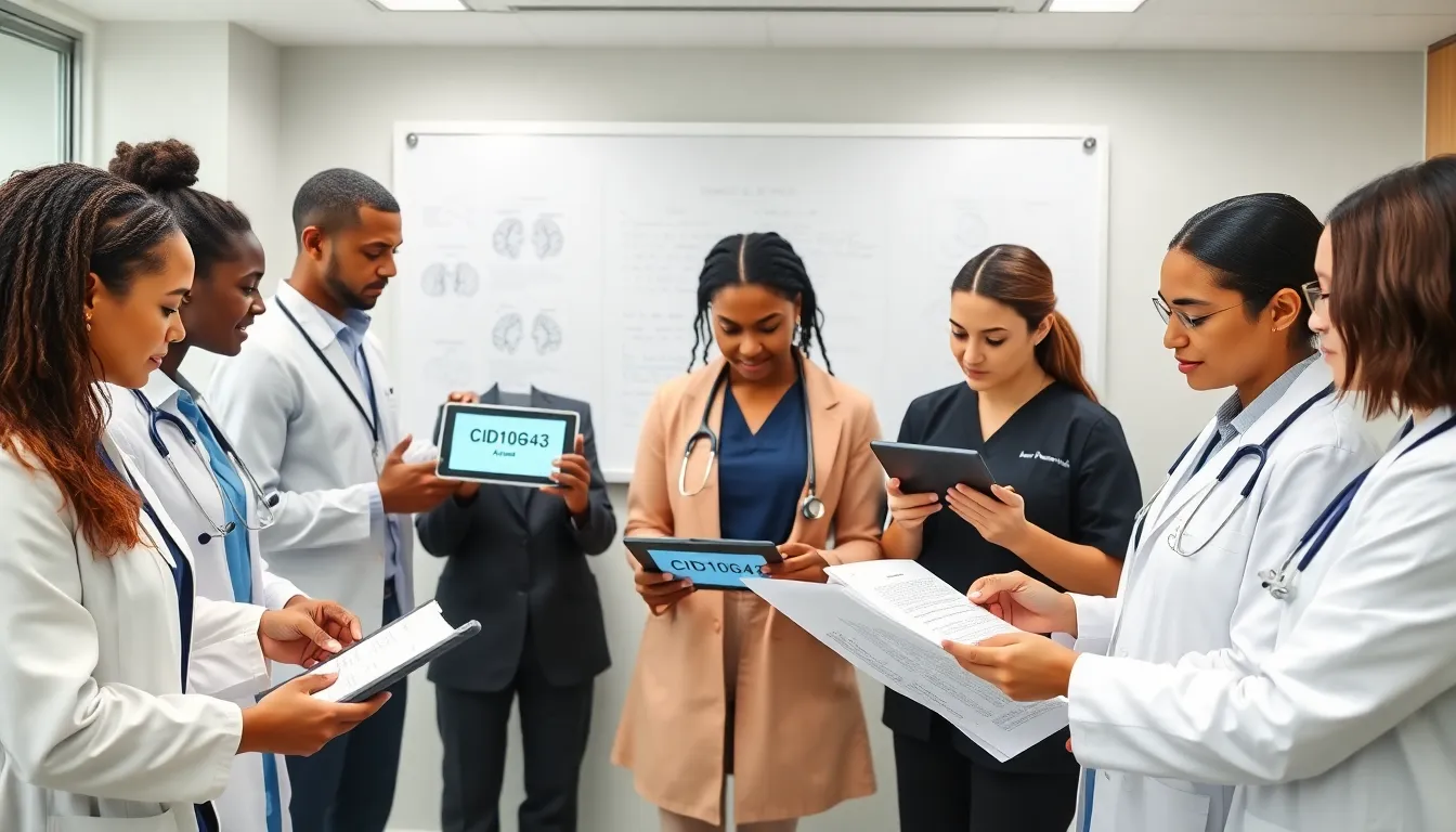 diverse healthcare team discussing CID10G43 in a modern office.