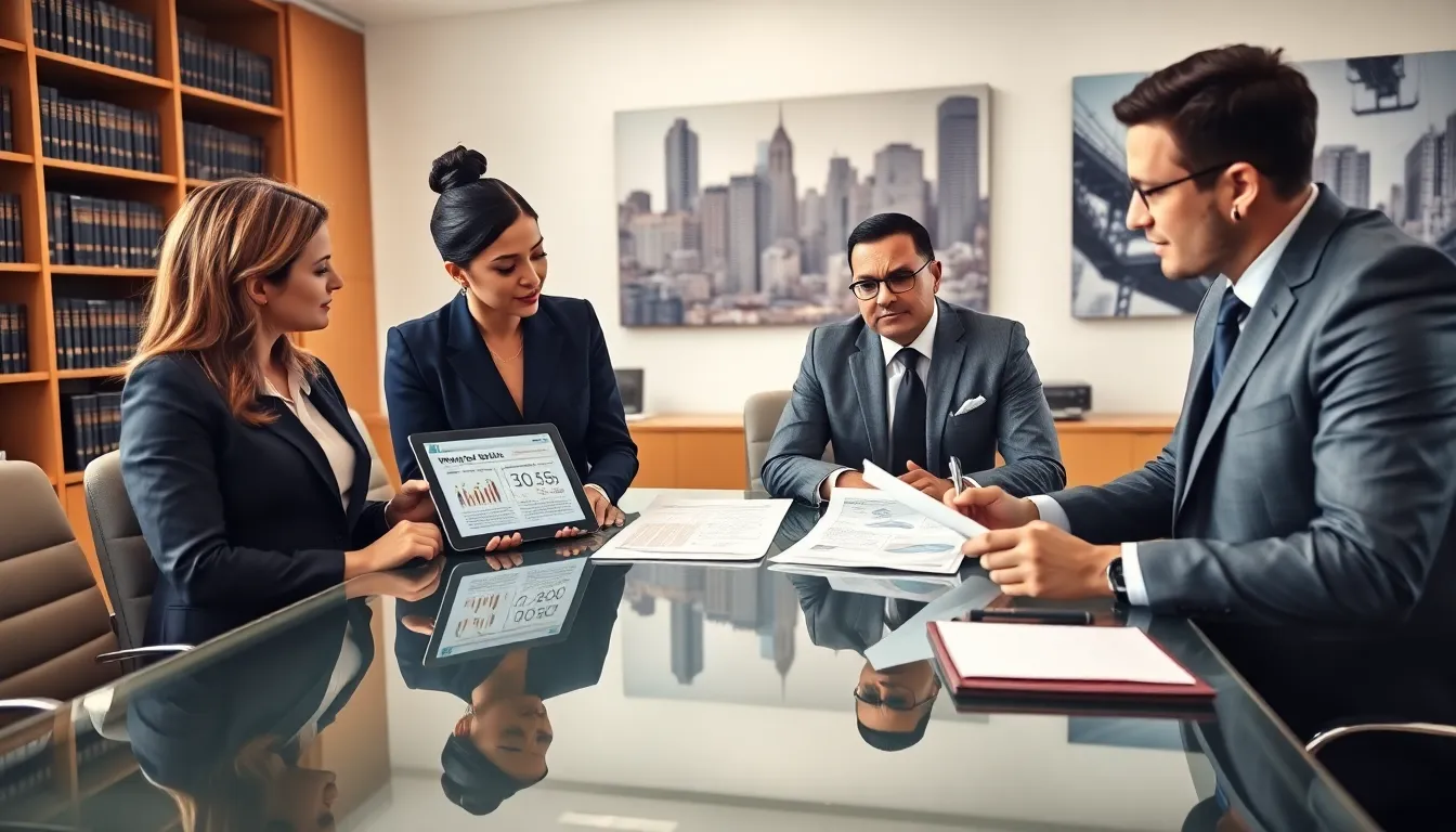 Legal team discussing a wrongful death case in a modern office.